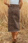 Brown Leopard Denim Frayed Split Denim Midi Skirt