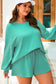 Sea Green Drop Shoulder V Neck Pullover Top and Drawstring Short Plus Size Set
