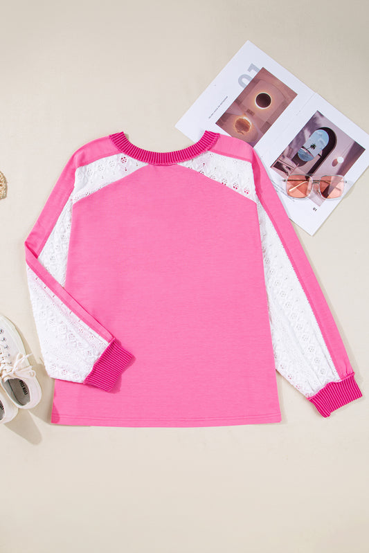 Bonbon Lace Striped Patchwork Long Sleeve Corded V Neck Plus Size Top