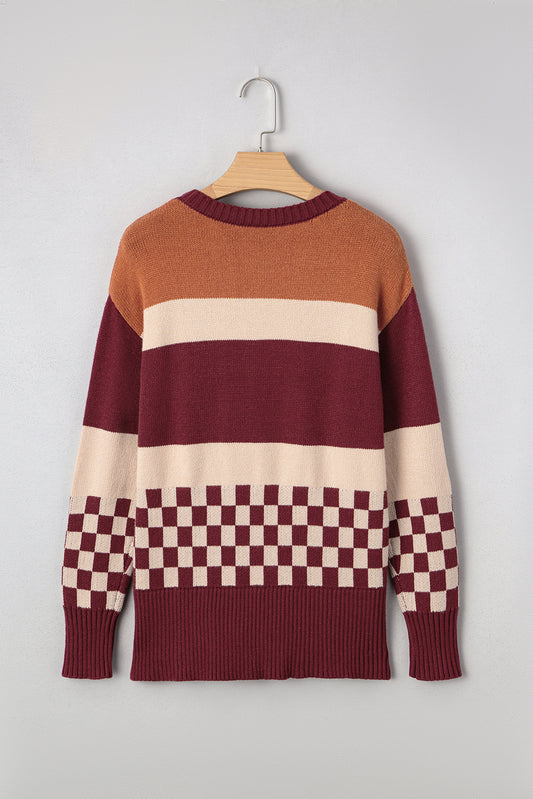 Brown Checkered Color Block Knitted Drop Shoulder Sweater