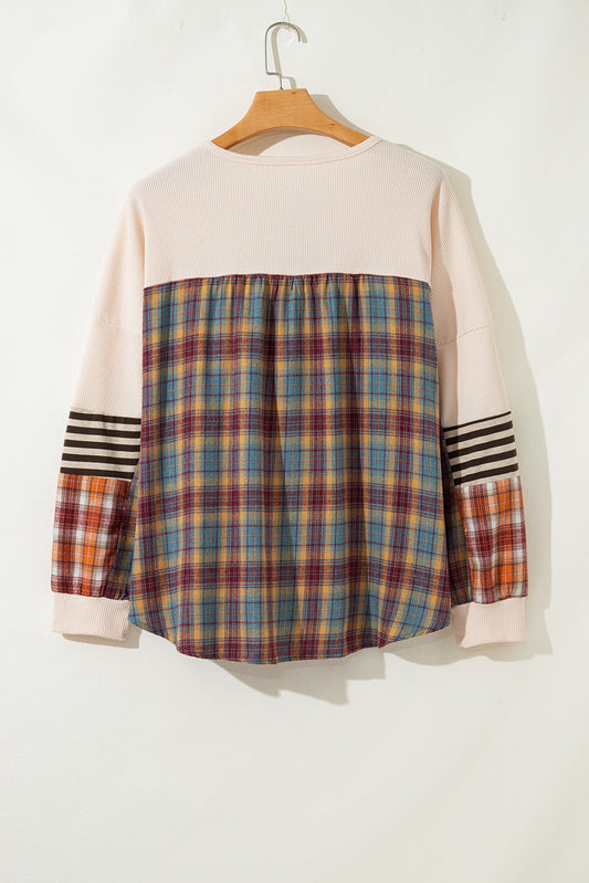 Parchment Plus Size Waffle Colorblock Striped Plaid Patchwork Half Button Pullover