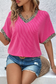 Bright Pink Leopard Patchwork Corded Texture V Neck T Shirt