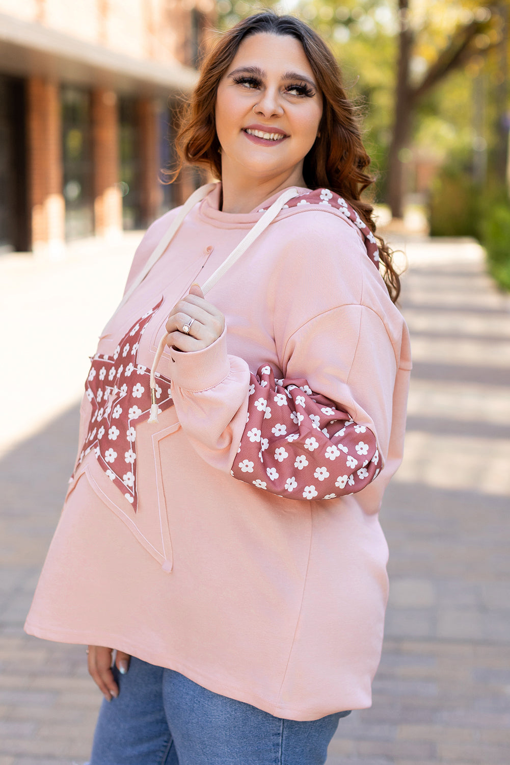 Delicacy Star Patch Graphic Floral Color Block Drawstring Plus Size Hoodie