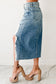 Myosotis Irregular Distressed Bottom Denim Midi Skirt