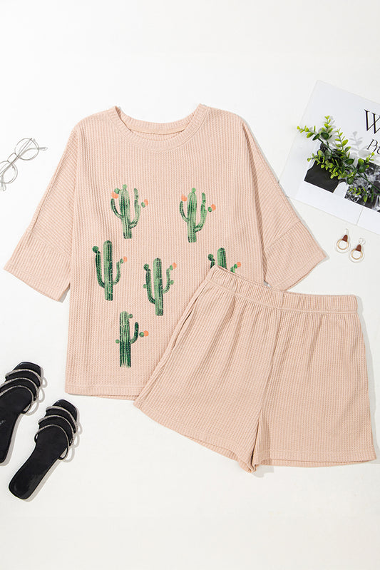 Light French Beige Cactus Forest Waffle Half Sleeve Tee Short Set