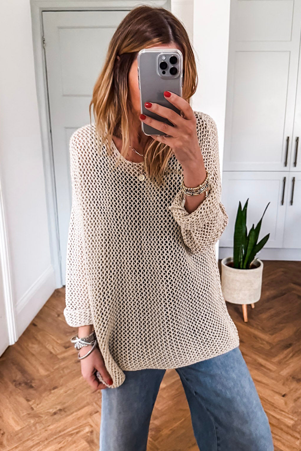 Smoke Gray Crochet Hollow-out Jumper Top Sweater
