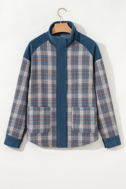 Gray Plaid Corduroy Patchwork Collared Zip Up Snap Button Jacket