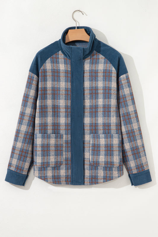 Gray Plaid Corduroy Patchwork Collared Zip Up Snap Button Jacket